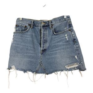 AGOLDE Quinn High Rise Blue Denim Mini Skirt Sz 28 Button Fly Raw Hem Distressed